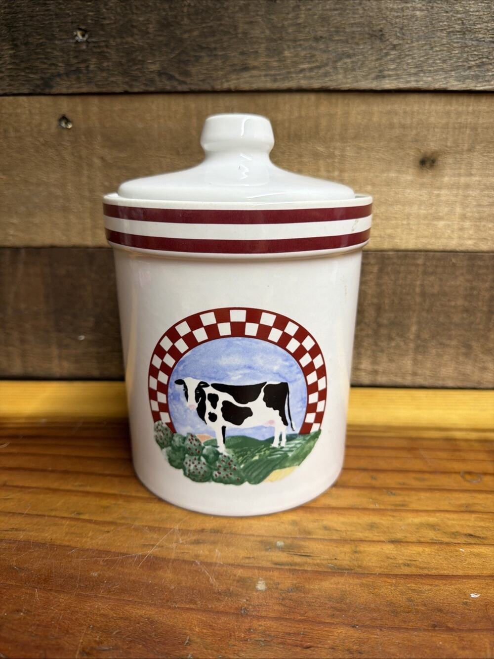 Vintage Fannie’s Farm Century Large Stoneware Cow Canister Cookie Jar Checkered